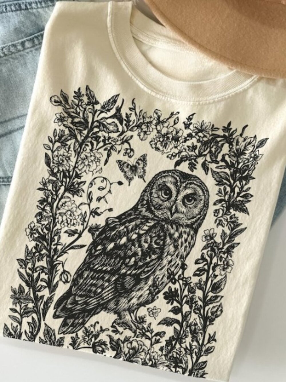 Cottagecore Floral T-shirt, Folk Art Forest Animal TShirt